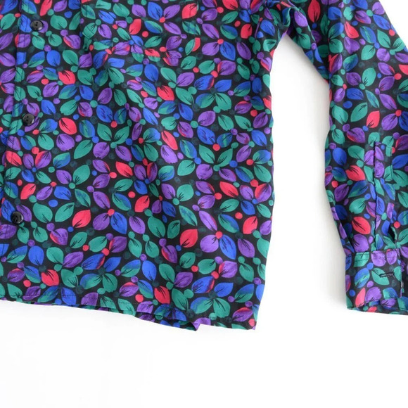 Vintage Black Green Blue Red Floral Button Up Long Sleeve Blouse - Picture 7 of 15